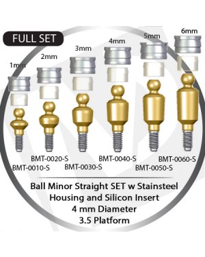 1 - 6 mm x 4mm x 3.5 Platform Over Denture Ball Attachment Minor Straight – Set with Stainless Housing and Silicon Insert