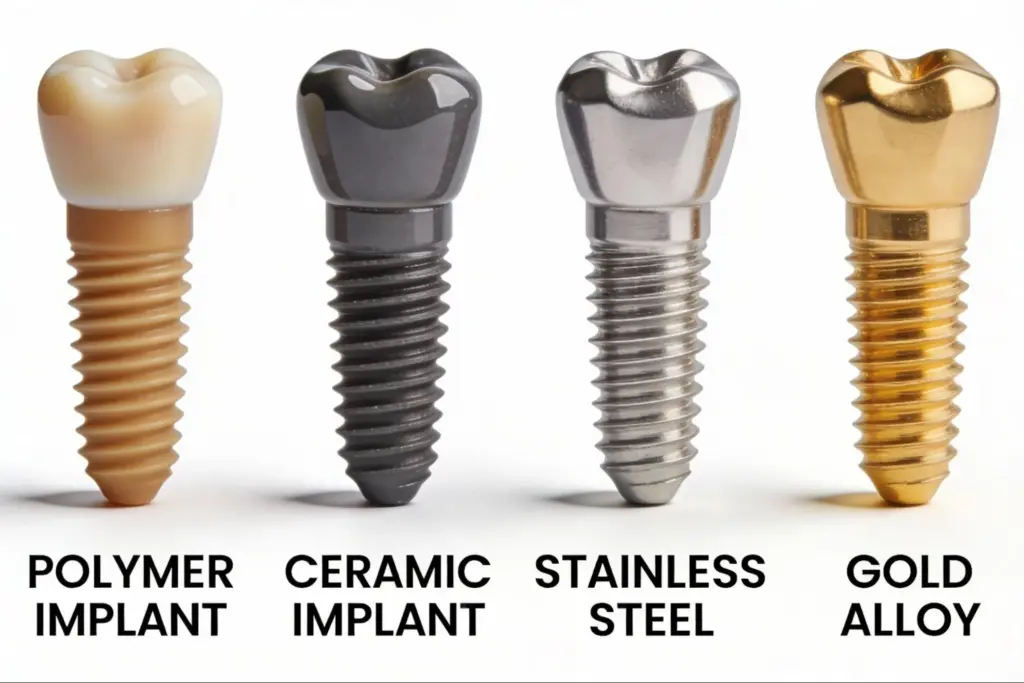 Comparison chart of alternative implant materials showing polymer implant, ceramic carbon-silicon implant, stainless steel implant, and gold alloy.