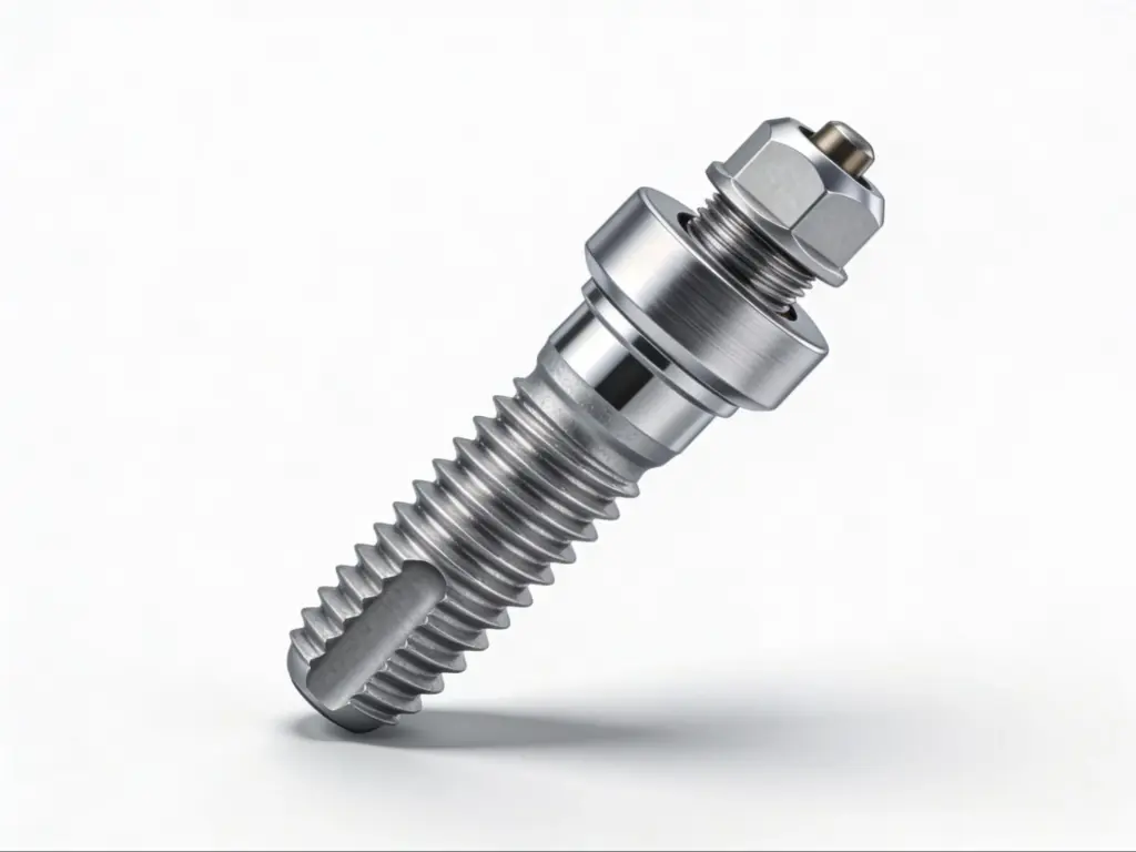 Grade 23 medical titanium dental implant showing threaded fixture, abutment connector, and prosthetic screw components used in implant surgery