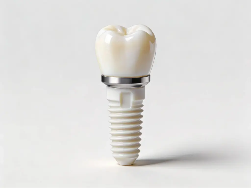 White zirconia ceramic dental implant showing one-piece design and tooth-colored appearance - metal-free alternative to titanium implants